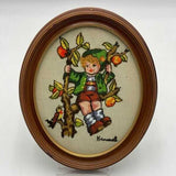 Vintage 70s Completed Crewel Embroidery Hummel Boy in Apple Tree With Bird Oval