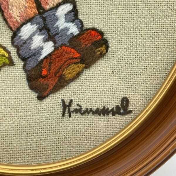 Vintage 70s Completed Crewel Embroidery Hummel Boy in Apple Tree With Bird Oval