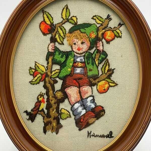 Vintage 70s Completed Crewel Embroidery Hummel Boy in Apple Tree With Bird Oval