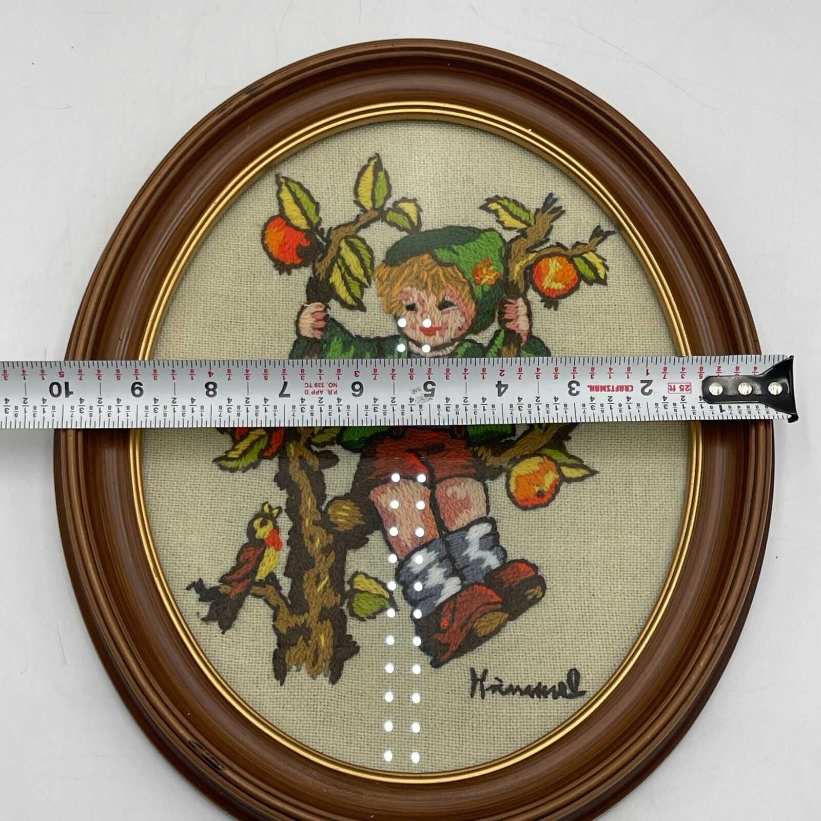 Vintage 70s Completed Crewel Embroidery Hummel Boy in Apple Tree With Bird Oval