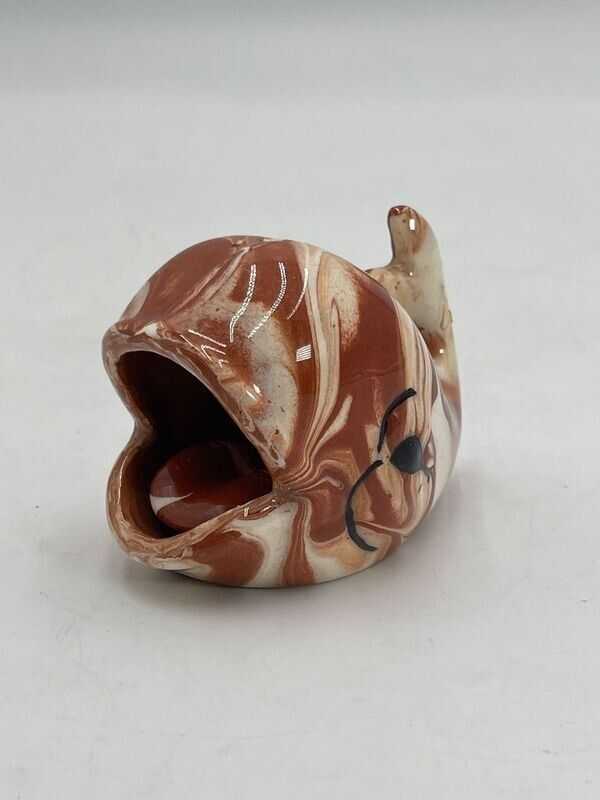 Vintage Clay Pottery Ceramic Cream Brown Swirl Whale Figurine 2.5"