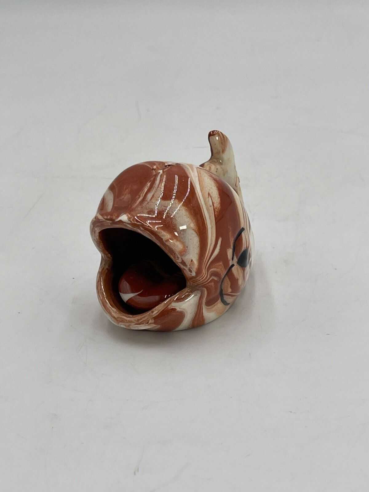 Vintage Clay Pottery Ceramic Cream Brown Swirl Whale Figurine 2.5"