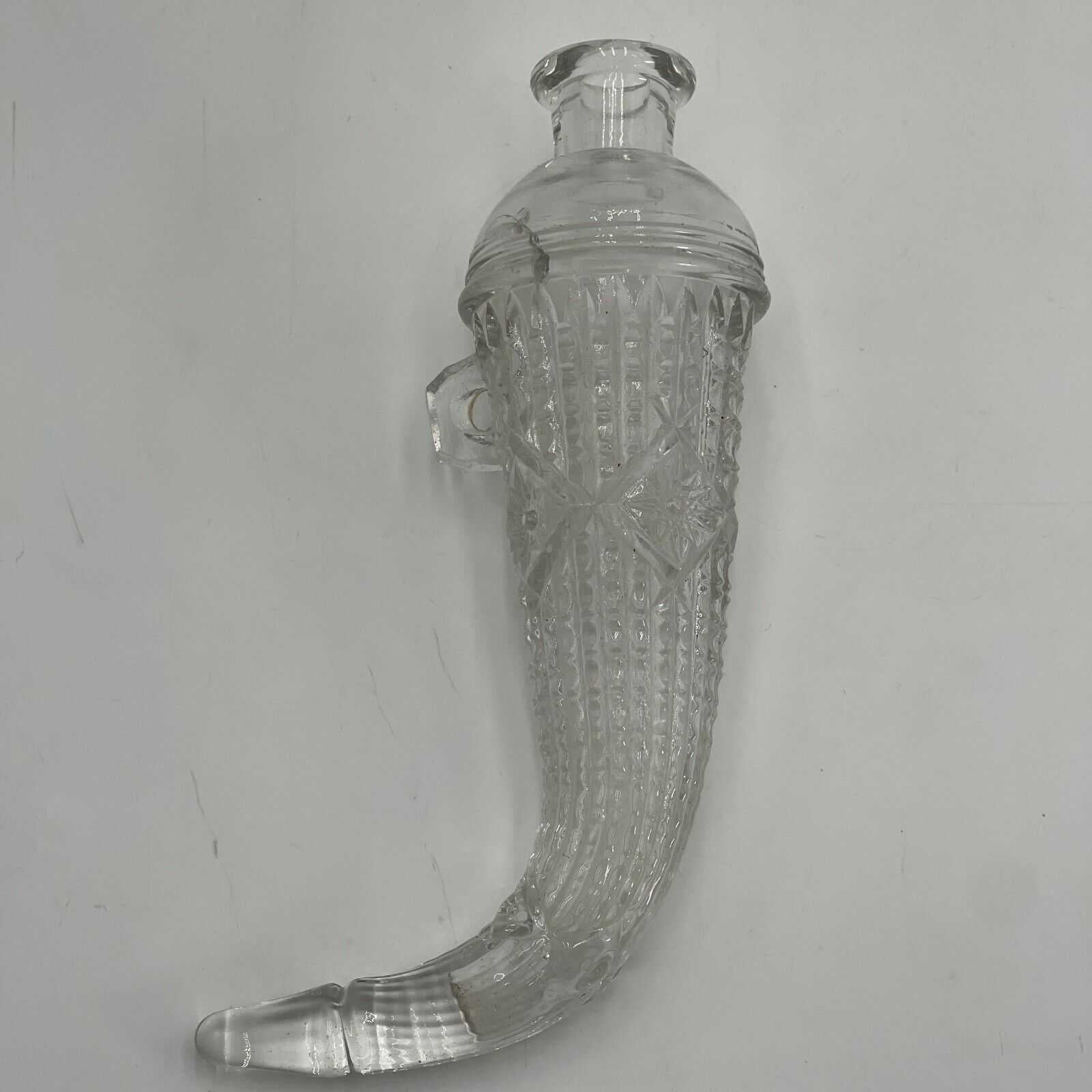 Vintage Cut Glass Car Decanter Powder Horn of Plenty Whiskey Flask