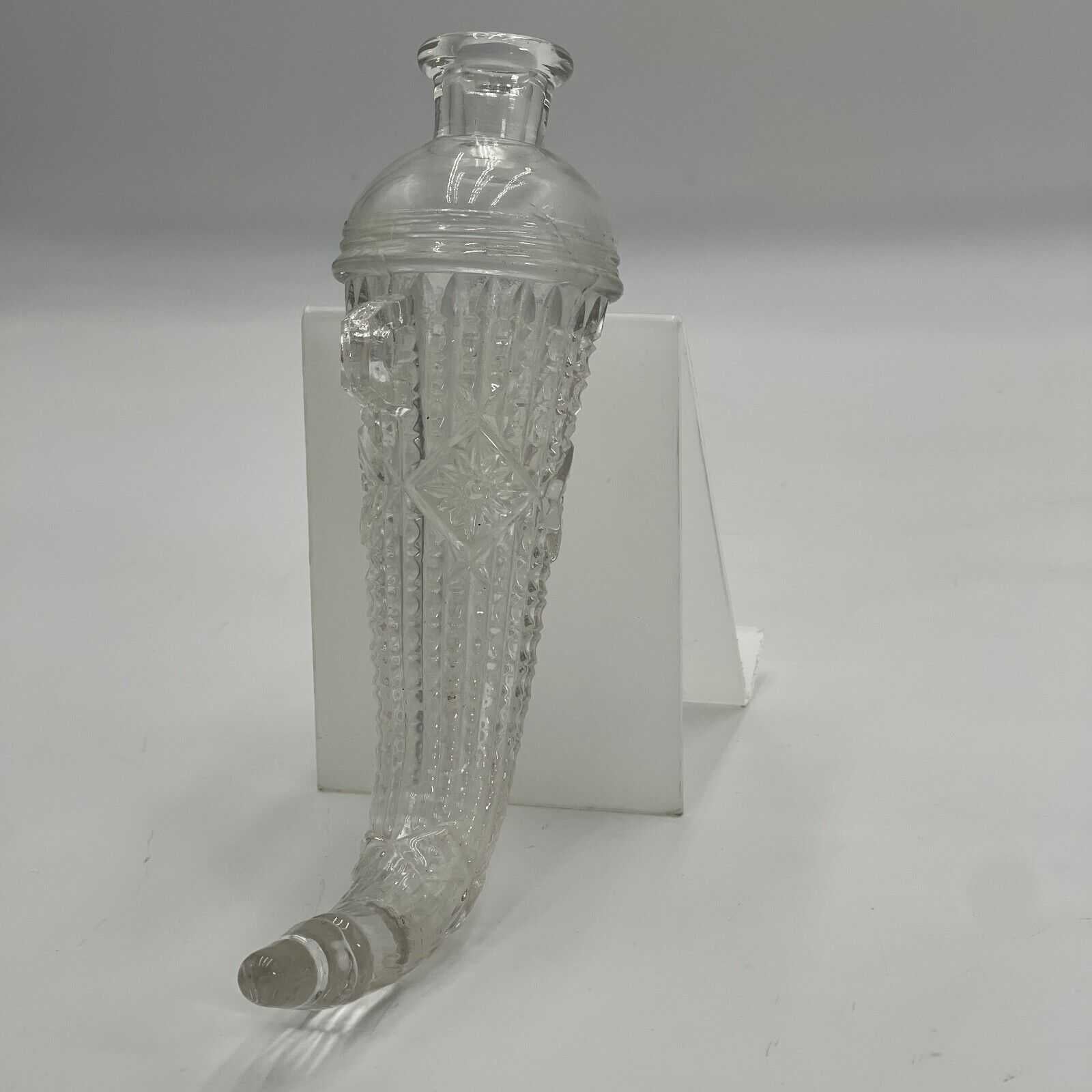 Vintage Cut Glass Car Decanter Powder Horn of Plenty Whiskey Flask