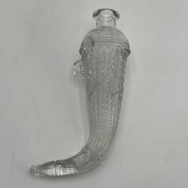 Vintage Cut Glass Car Decanter Powder Horn of Plenty Whiskey Flask