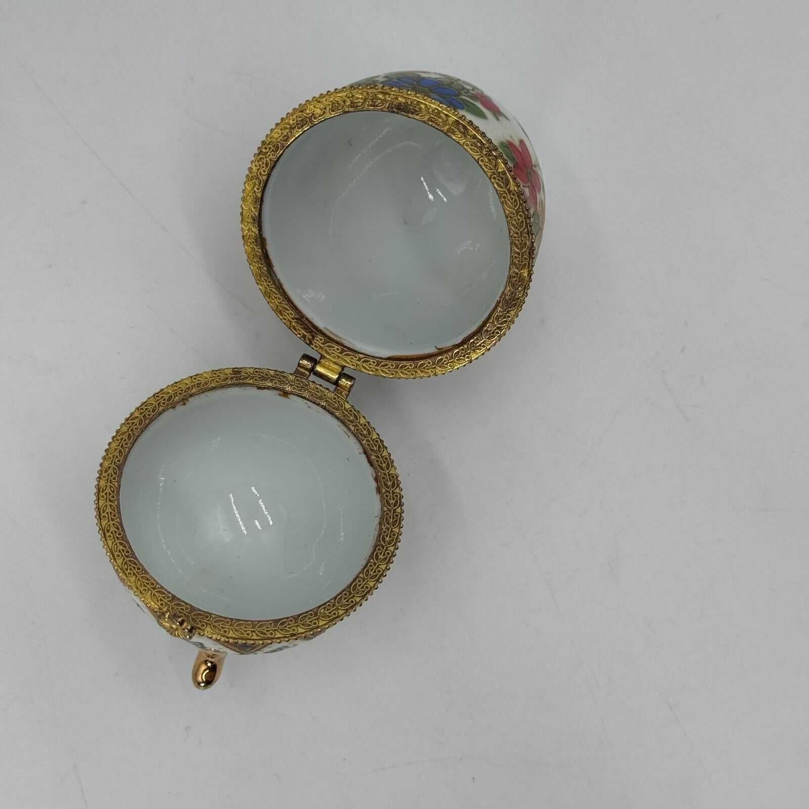 Vintage Hinged Porcelain Floral Print Egg on 3 Legs Trinket Ring Jewelry Box