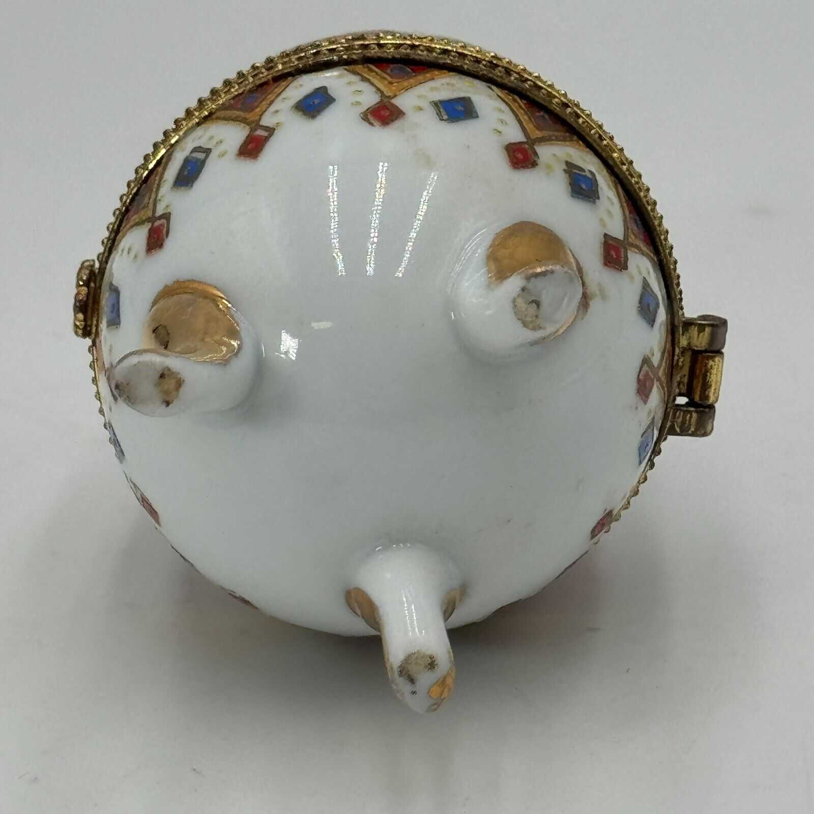 Vintage Hinged Porcelain Floral Print Egg on 3 Legs Trinket Ring Jewelry Box