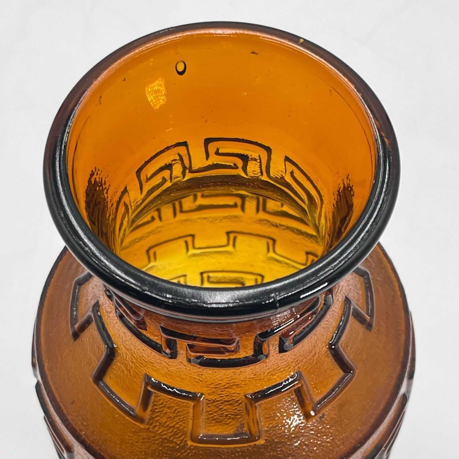 Vintage Mid Century Pressed Glass Amber Vase, Neoclassical Greek Key Pattern