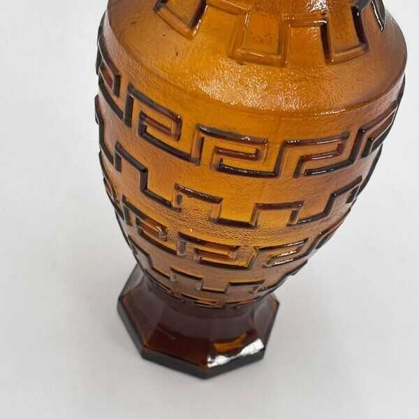 Vintage Mid Century Pressed Glass Amber Vase, Neoclassical Greek Key Pattern