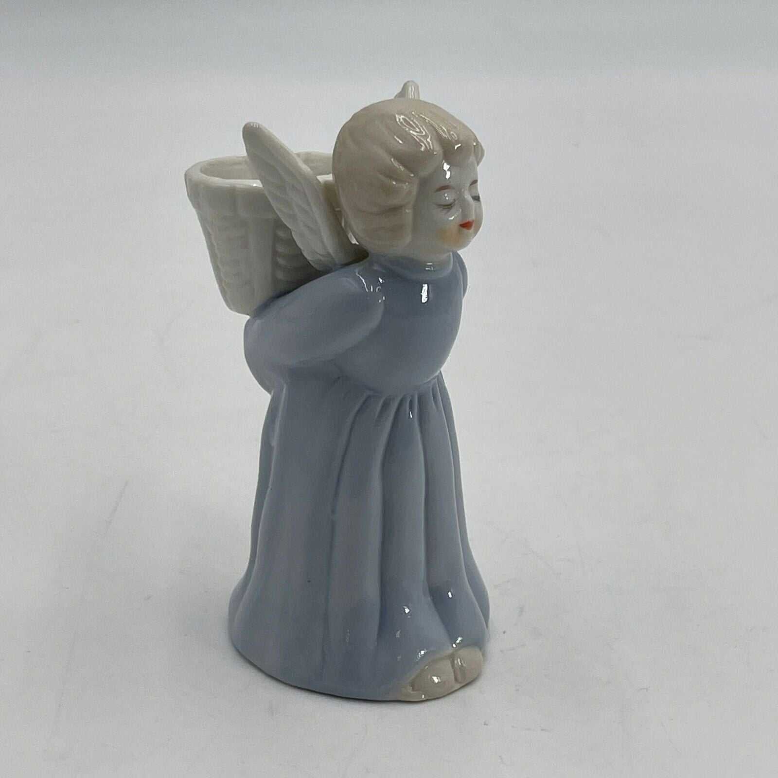 Vintage Porcelain Blue And White Angel Figurine Candle Holder Hand Painted 4"