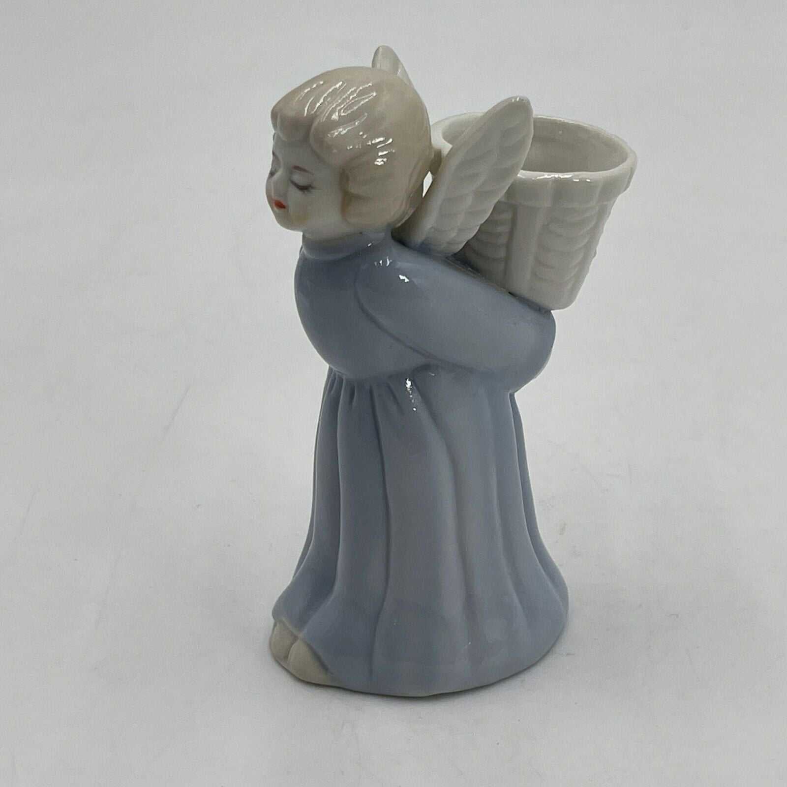 Vintage Porcelain Blue And White Angel Figurine Candle Holder Hand Painted 4"