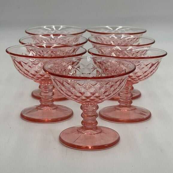 Vintage Set of 7 Pink Diamond Depression Glass Sherbet Dessert Ice Cream Glasses