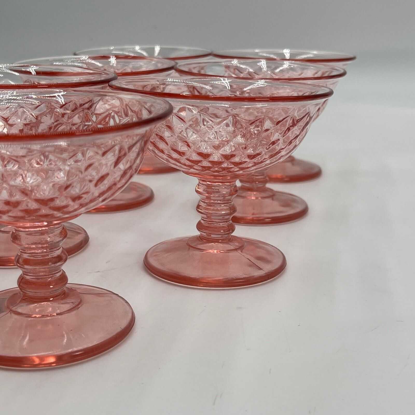 Vintage Set of 7 Pink Diamond Depression Glass Sherbet Dessert Ice Cream Glasses