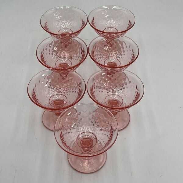 Vintage Set of 7 Pink Diamond Depression Glass Sherbet Dessert Ice Cream Glasses