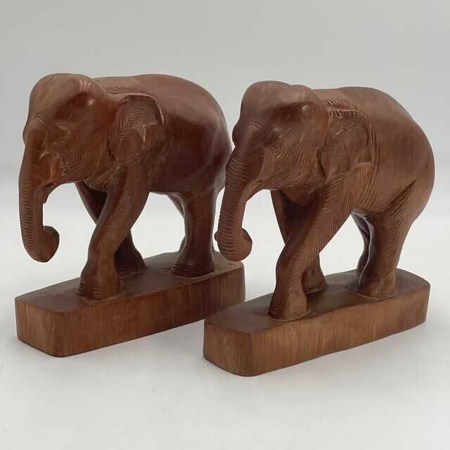 Vintage Two Sculptures In Carved Wood Young Elephants Elephant Sculpture