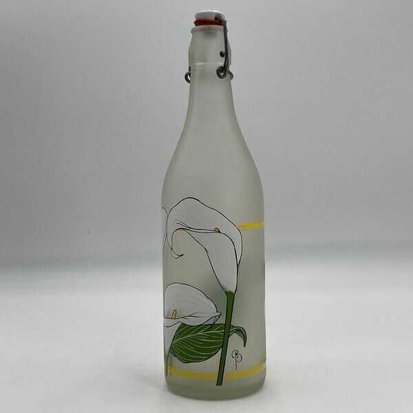 Vtg 1983 Italy Provender Painted Calla Lilly Frosted Glass Bottle With Stopper